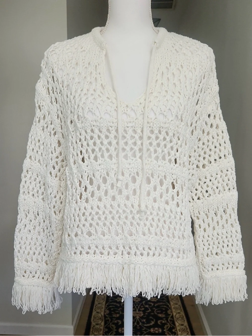 Zara Fringe Crochet Sweater Top Open Knit V-Neck Tassel Boho Beach Shirt